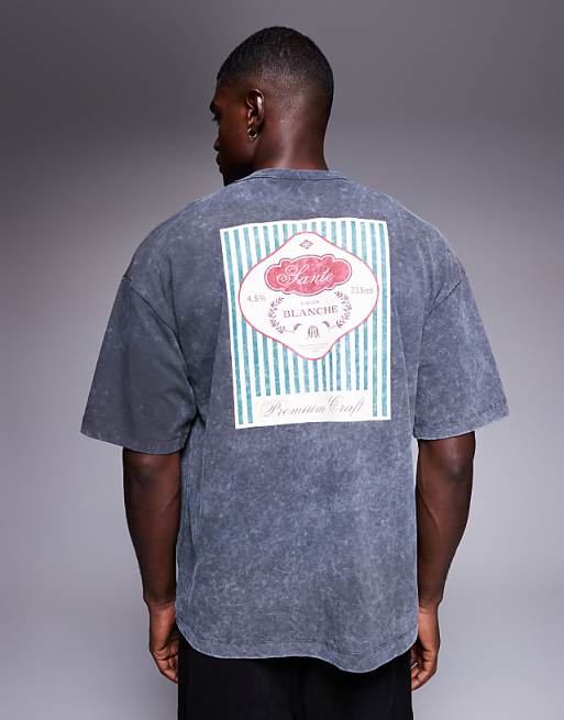 ASOS DESIGN heavyweight oversized t-shirt with drinks graphic in washed black