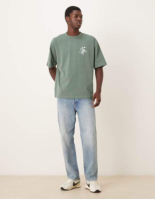ASOS DESIGN Heavyweight Oversized T-shirt With Floral Graphic In Washed Green