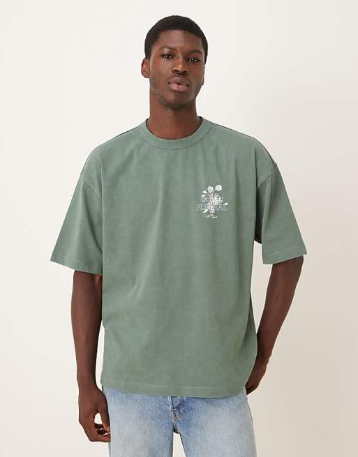 ASOS DESIGN Heavyweight Oversized T-shirt With Floral Graphic In Washed Green