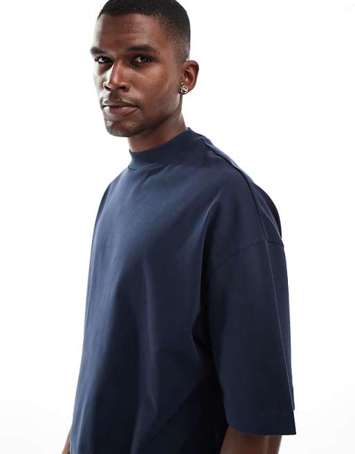 ASOS DESIGN Heavyweight Oversized T-shirt With High Neck In Navy
