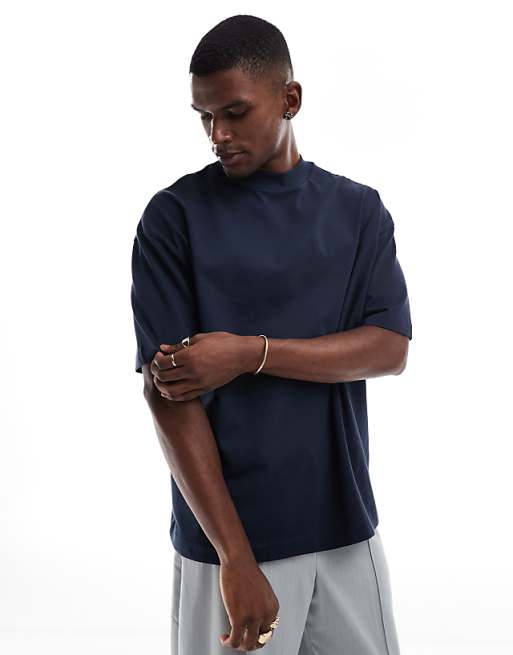 ASOS DESIGN heavyweight oversized t-shirt with high neck in navy