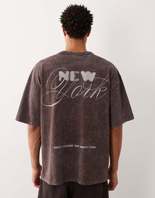 ASOS DESIGN heavyweight oversized t-shirt with New York graphic in washed brown