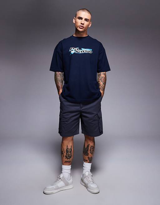 ASOS DESIGN Heavyweight Oversized T-shirt With Printed Paraiso Graphic And Cut A Sew Detail In Navy