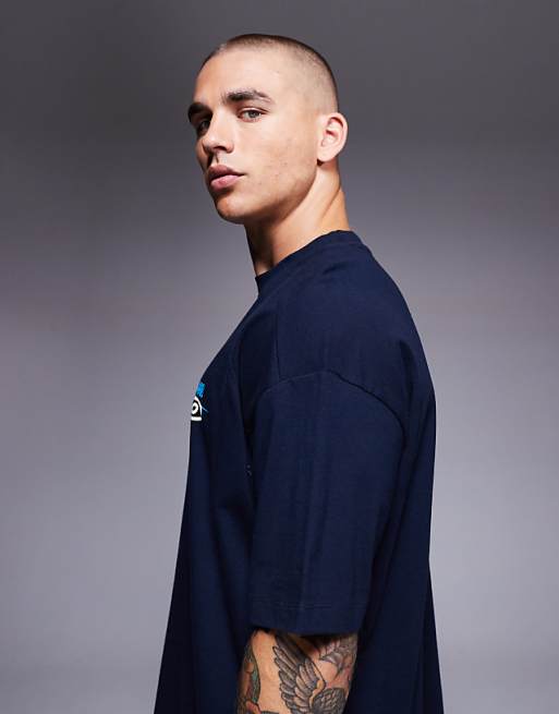 ASOS DESIGN Heavyweight Oversized T-shirt With Printed Paraiso Graphic And Cut A Sew Detail In Navy