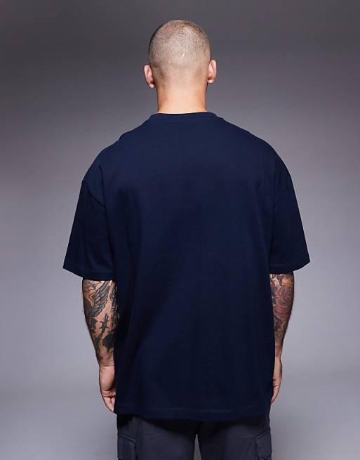 ASOS DESIGN Heavyweight Oversized T-shirt With Printed Paraiso Graphic And Cut A Sew Detail In Navy