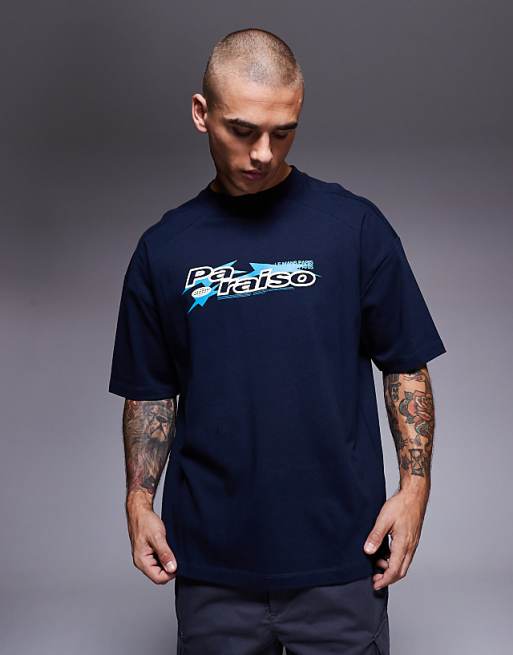 ASOS DESIGN heavyweight oversized t-shirt with printed Paraiso graphic and cut a sew detail in navy