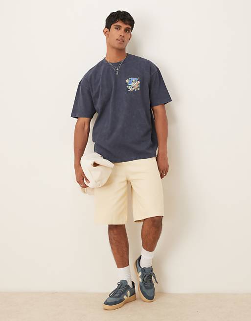 ASOS DESIGN Heavyweight Oversized T-shirt With Souvenir Graphic In Washed Navy