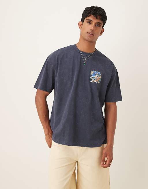 ASOS DESIGN Heavyweight Oversized T-shirt With Souvenir Graphic In Washed Navy