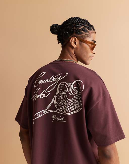 ASOS DESIGN heavyweight oversized t-shirt with sport back graphic in burgundy