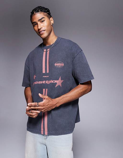 ASOS DESIGN heavyweight oversized t-shirt with sports graphic in washed black
