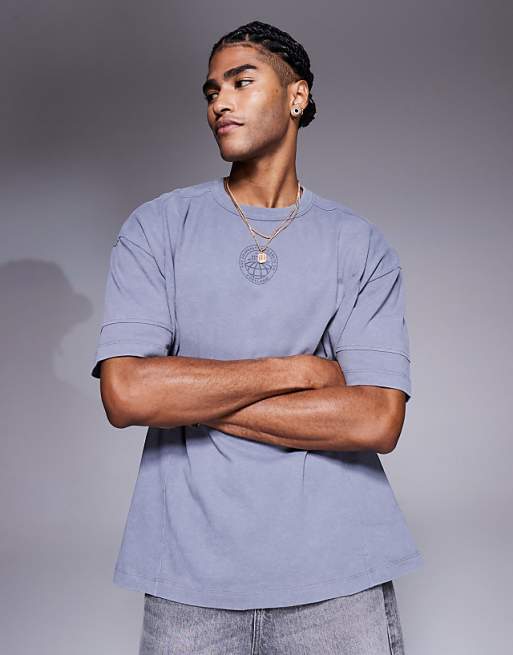 ASOS DESIGN Heavyweight Oversized T-shirt With Text Graphic And Seam Detail In Washed Grey
