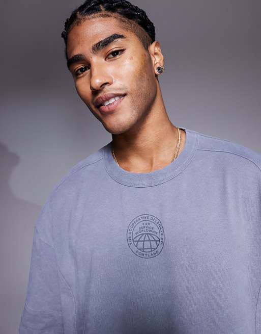 ASOS DESIGN Heavyweight Oversized T-shirt With Text Graphic And Seam Detail In Washed Grey