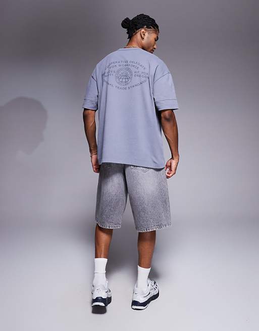 ASOS DESIGN Heavyweight Oversized T-shirt With Text Graphic And Seam Detail In Washed Grey