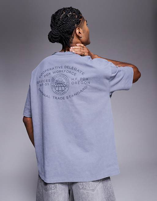 ASOS DESIGN heavyweight oversized t-shirt with text graphic and seam detail in washed grey