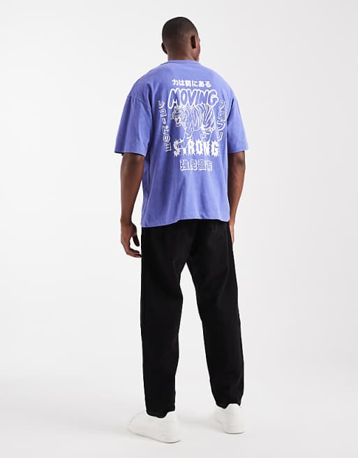 ASOS DESIGN Heavyweight Oversized T-shirt With Tiger Graphic In Washed Blue