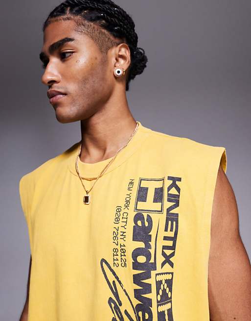 ASOS DESIGN Heavyweight Oversized Tank With Text Graphic In Washed Yellow