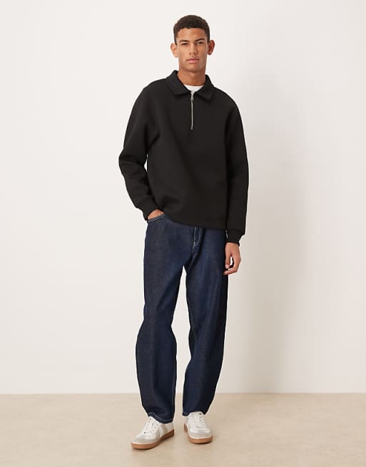 ASOS DESIGN Heavyweight Polo Sweatshirt With Fixed Hem In Scuba-style Fabric In Black