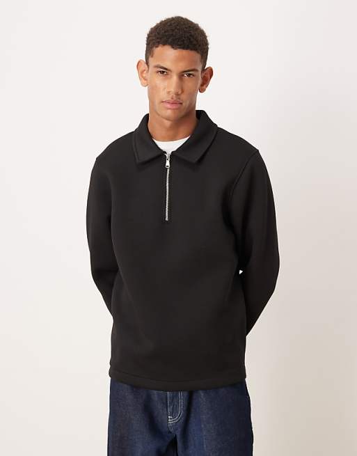ASOS DESIGN heavyweight polo sweatshirt with fixed hem in scuba-style fabric in black