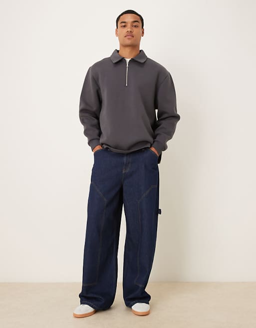 ASOS DESIGN Heavyweight Quarter Zip Sweatshirt With Collar In Scuba-style Fabric In Charcoal