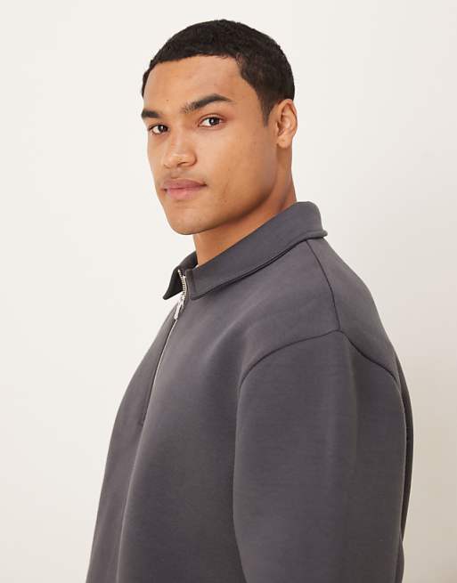 ASOS DESIGN Heavyweight Quarter Zip Sweatshirt With Collar In Scuba-style Fabric In Charcoal