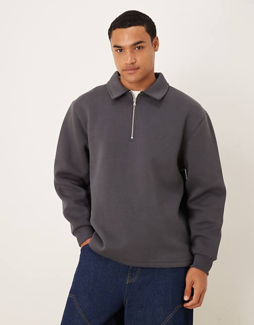 ASOS DESIGN heavyweight quarter zip sweatshirt with collar in scuba-style fabric in charcoal