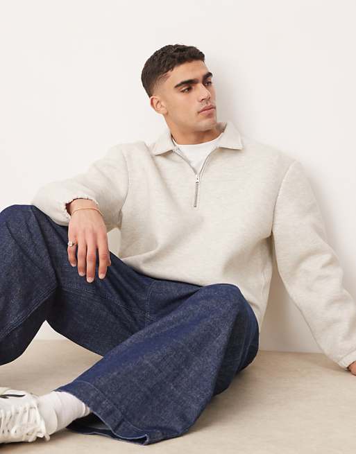 ASOS DESIGN heavyweight relaxed boxy quarter zip sweatshirt in scuba-style fabric in white marl
