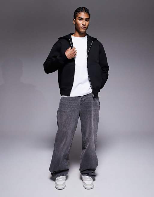 ASOS DESIGN Heavyweight Relaxed Boxy Zip Through Hoodie In Scuba-style Fabric In Black