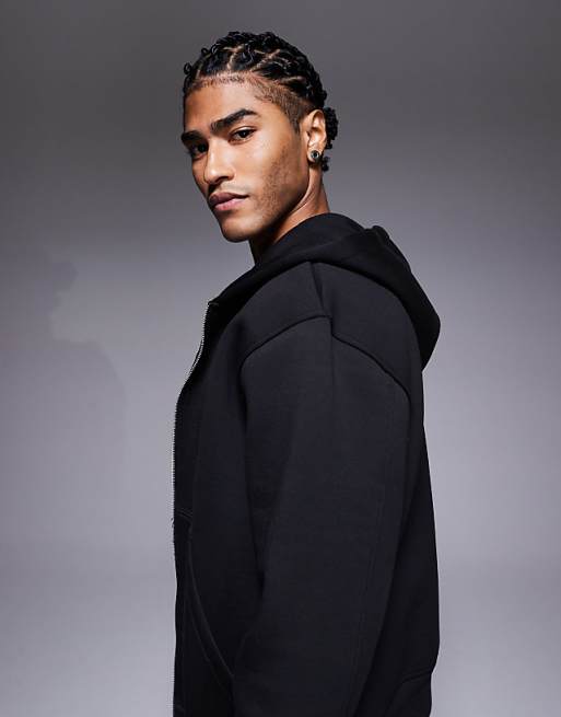 ASOS DESIGN Heavyweight Relaxed Boxy Zip Through Hoodie In Scuba-style Fabric In Black