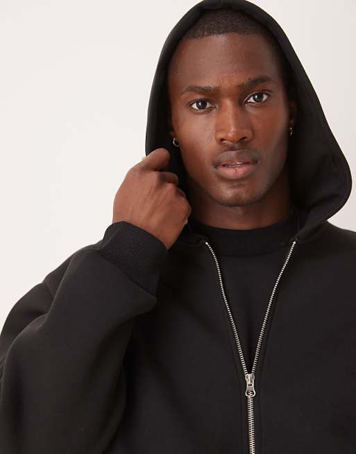 ASOS DESIGN Heavyweight Relaxed Boxy Zip Through Hoodie In Scuba-style Fabric In Black