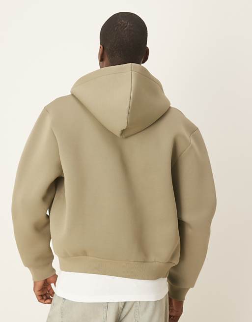 ASOS DESIGN Heavyweight Relaxed Boxy Zip Through Hoodie In Scuba-style Fabric In Khaki