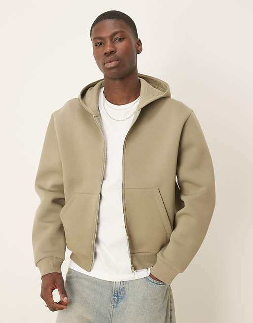 ASOS DESIGN heavyweight relaxed boxy zip through hoodie in scuba-style fabric in khaki