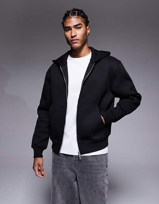 ASOS DESIGN heavyweight relaxed boxy zip through hoodie in scuba-style fabric in black