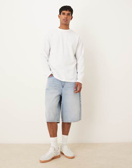 ASOS DESIGN Heavyweight Relaxed Fit Long Sleeve T-shirt In Textured Blue And Off White Stripe