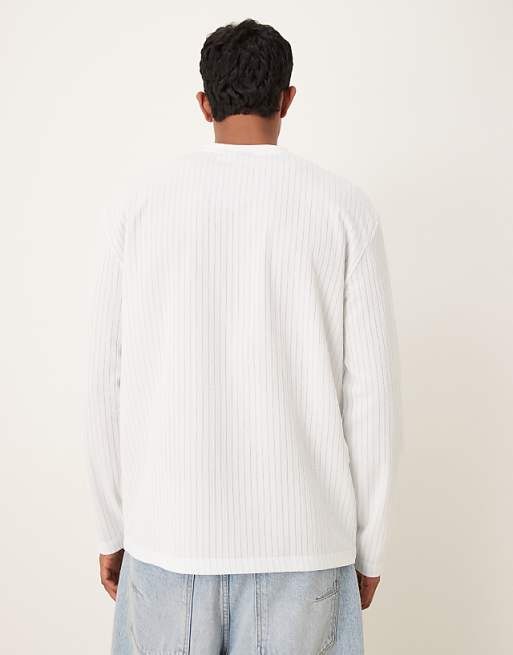 ASOS DESIGN Heavyweight Relaxed Fit Long Sleeve T-shirt In Textured Blue And Off White Stripe
