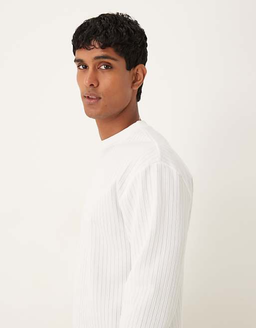 ASOS DESIGN Heavyweight Relaxed Fit Long Sleeve T-shirt In Textured Blue And Off White Stripe