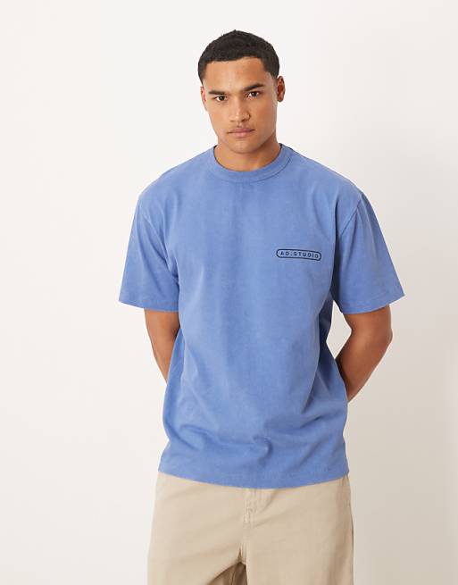 ASOS DESIGN Heavyweight Relaxed Fit T-shirt In With Dog Graphic In Washed Blue