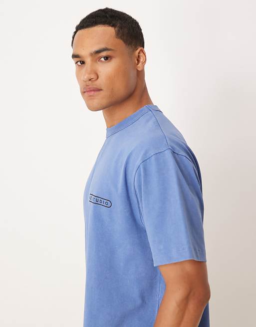 ASOS DESIGN Heavyweight Relaxed Fit T-shirt In With Dog Graphic In Washed Blue