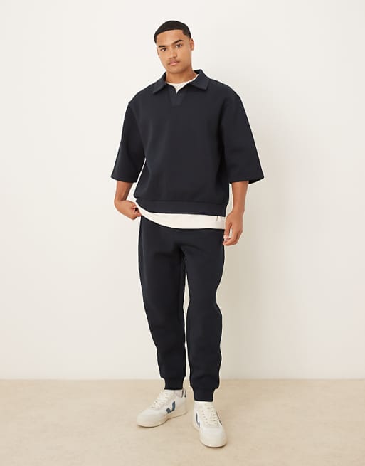 ASOS DESIGN Heavyweight Relaxed In Scuba-style Fabric Polo 3/4 Sleeve Sweatshirt In Navy