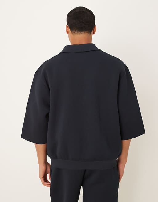 ASOS DESIGN Heavyweight Relaxed In Scuba-style Fabric Polo 3/4 Sleeve Sweatshirt In Navy