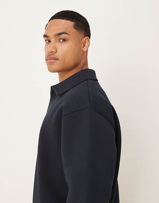 ASOS DESIGN Heavyweight Relaxed In Scuba-style Fabric Polo 3/4 Sleeve Sweatshirt In Navy