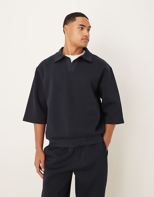 ASOS DESIGN heavyweight relaxed in scuba-style fabric polo 3/4 sleeve sweatshirt in navy