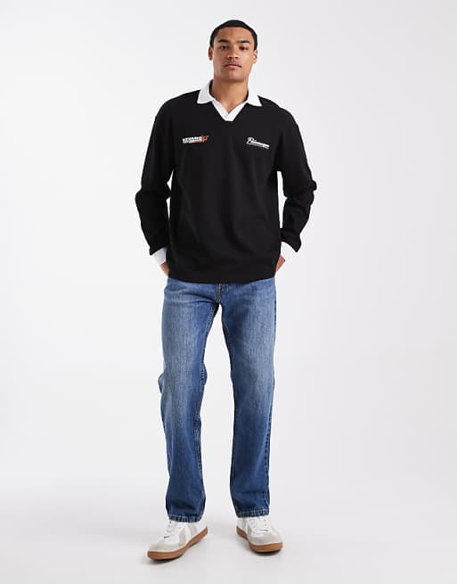 ASOS DESIGN Heavyweight Relaxed Long Sleeve Polo With Text Graphic In Black Waffle