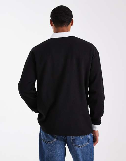 ASOS DESIGN Heavyweight Relaxed Long Sleeve Polo With Text Graphic In Black Waffle