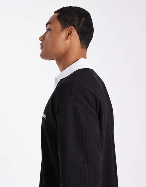 ASOS DESIGN Heavyweight Relaxed Long Sleeve Polo With Text Graphic In Black Waffle