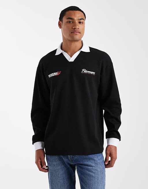 ASOS DESIGN heavyweight relaxed long sleeve polo with text graphic in black waffle