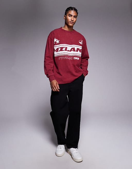 ASOS DESIGN Heavyweight Relaxed Long Sleeve T-shirt With Milano Sports Graphic In Washed Red