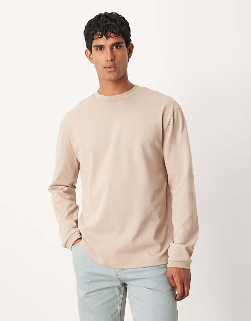ASOS DESIGN heavyweight relaxed long sleeve t-shirt with cuff in beige