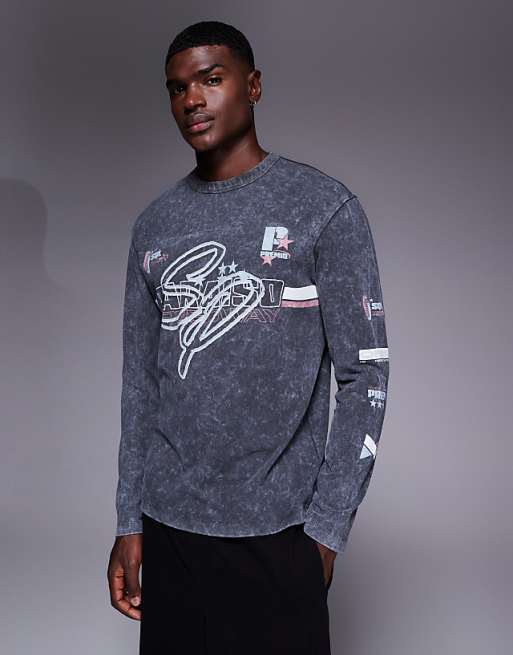 ASOS DESIGN heavyweight relaxed long sleeve t-shirt with street graphic in washed black