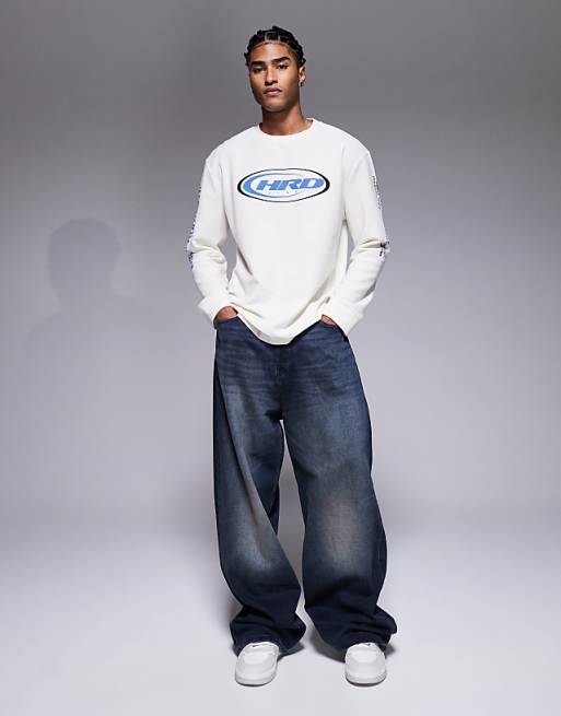 ASOS DESIGN Heavyweight Relaxed Long Sleeve T-shirt With Street Graphics In Cream Waffle