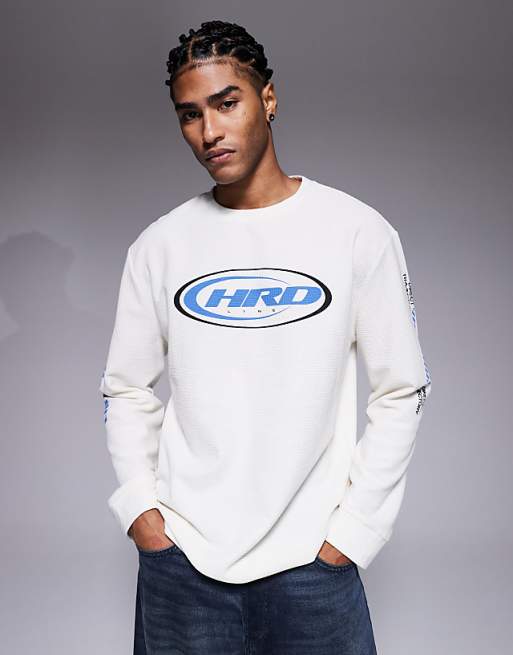 ASOS DESIGN heavyweight relaxed long sleeve t-shirt with street graphics in cream waffle